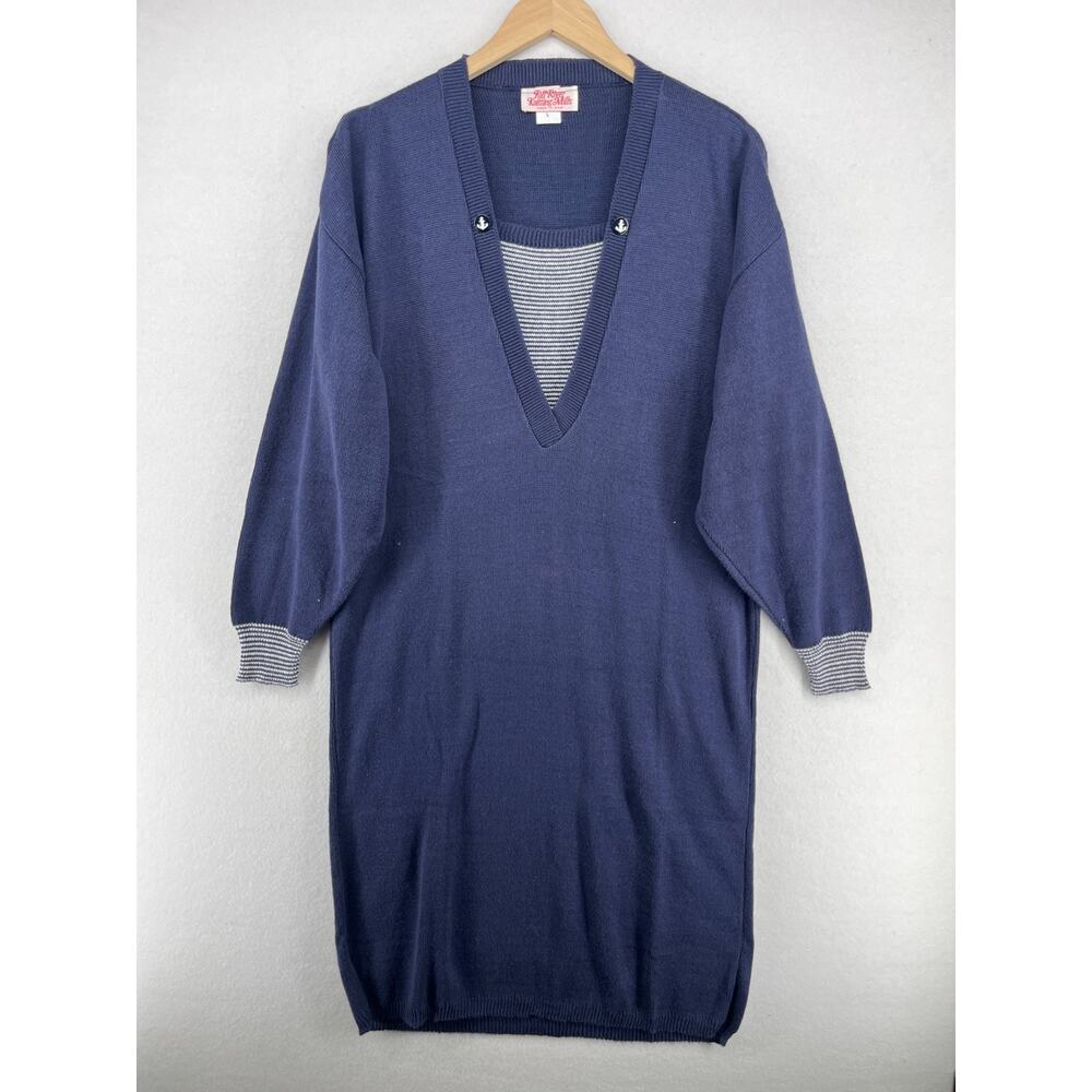 FALL RIVER KNITTING MILLS Dress L Sweater Shift Midi Sailor Cotton Blue USA VTG